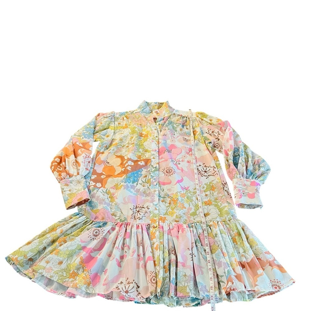 Pink Ripple Chic Long Sleeve Sheer Floral Dress in Pink and Cream Size Small - Picture 4 of 12